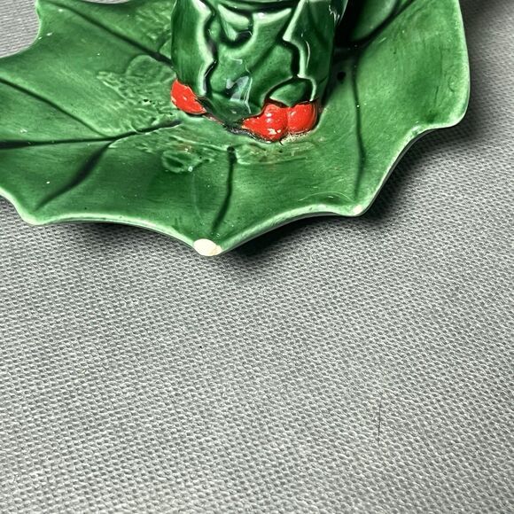 Vintage Antique Christmas Holly Berries Green Candle Stick Holders Holiday Decor - Picture 9 of 13